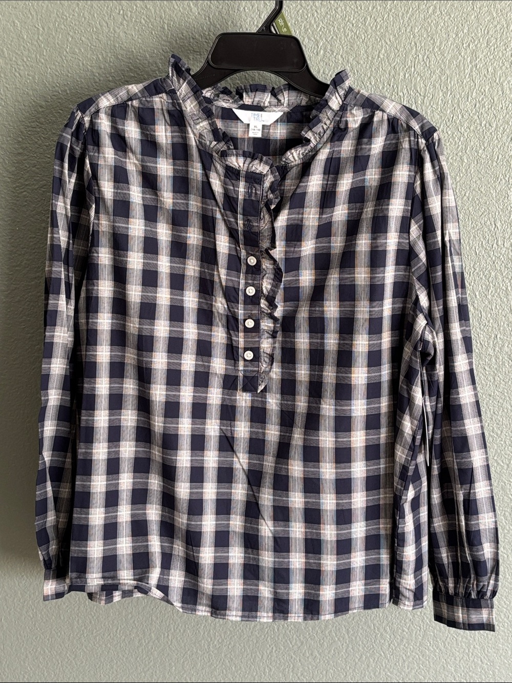 NWT Time and Tru Navy and White Plaid Ruffle Henley Shirt